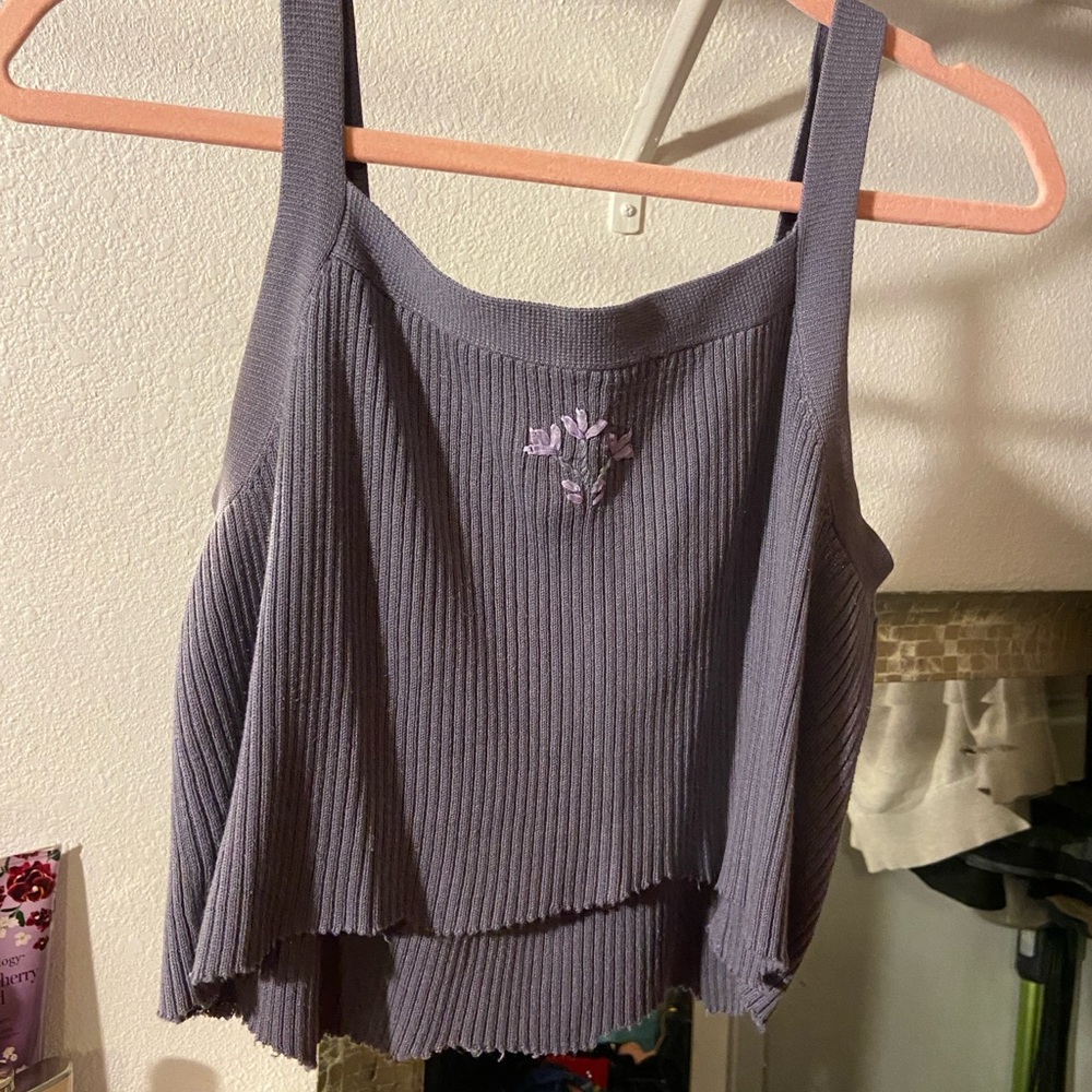 Purple tank top with embroidered flowers
